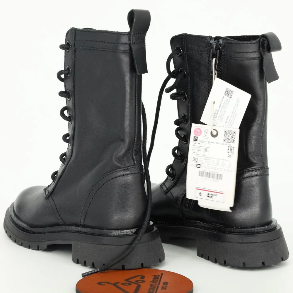 Zara Girls Black Leather Lace Up Side Zip Combat Boots Size 12.5 Ankle Boots NWT
